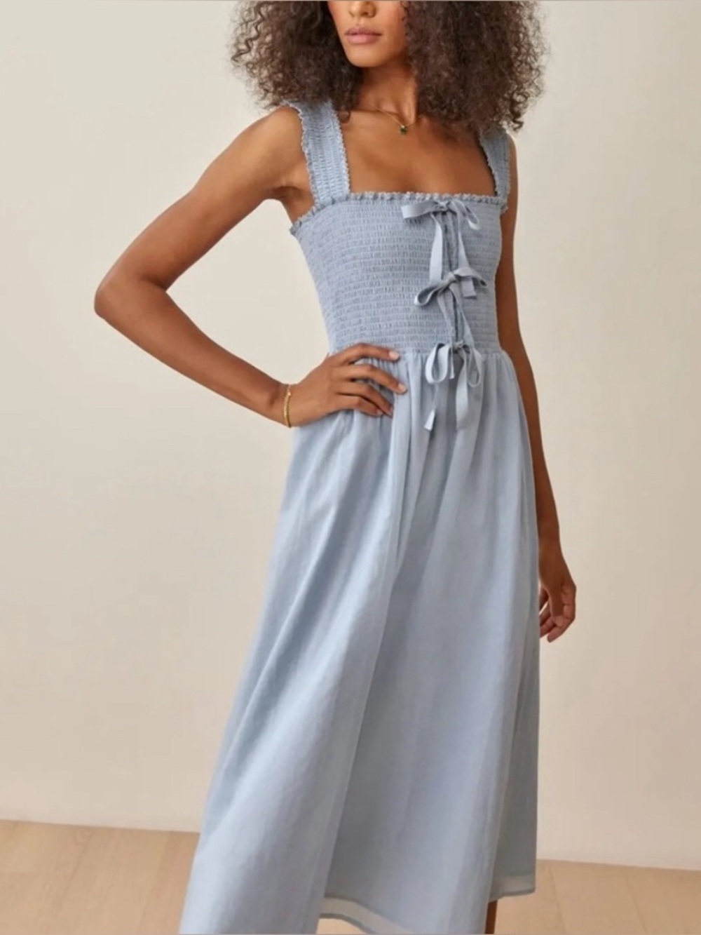Reformation Darla 100% Organic Cotton Smocked Midi Dress in mineral blue Size: M - Picture 1 of 6